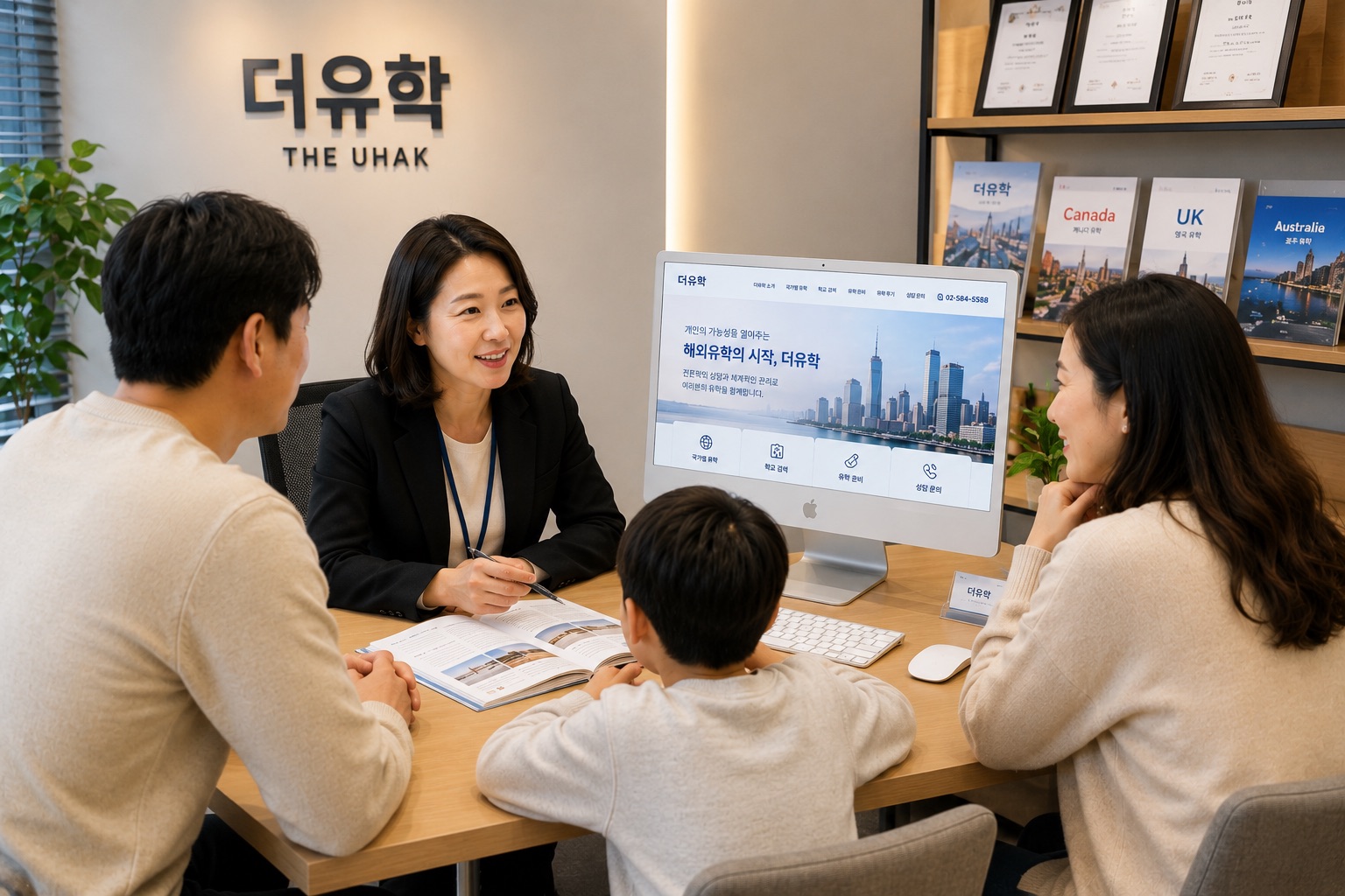 더유학 사무실에서 가족이 상담받는 모습